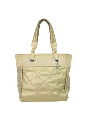 Authentic Chanel Paris Biarritz PM Tote Bag Handbag Coated Canvas Metallic Gold
